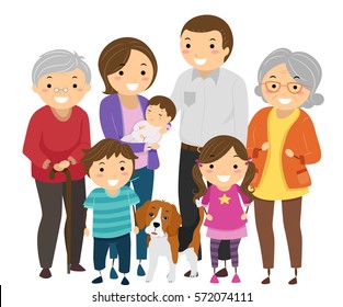 Stickman Illustration of a Large Family Headed by a Pair of Grandparents