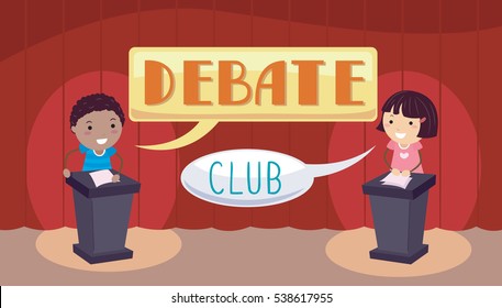 Stickman Illustration of a Little Boy and Girl Standing on Their Respective Podia During a Debate Match