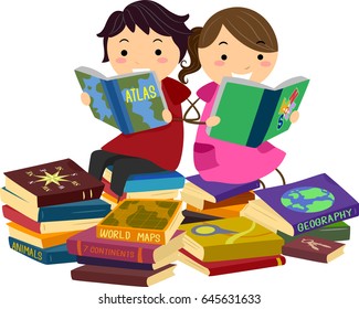 Stickman Illustration of a Little Boy and Girl Reading Geography Books Together