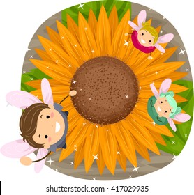 Stickman Illustration of Little Fairies Playing with a Sunflower