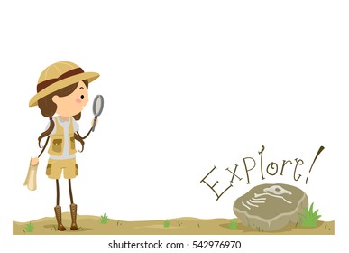 Stickman Illustration of a Little Girl Holding a Magnifying Glass Approaching a Fossilized Specimen