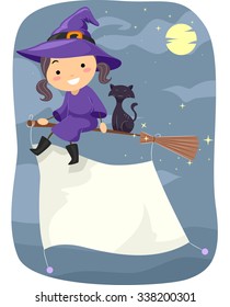 Stickman Illustration of a Little Witch Flying on a Broomstick with a Banner Attached to It