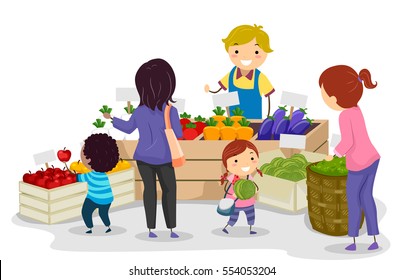 Stickman Illustration of a Mother and Her Kids Shopping at a Farmers Market