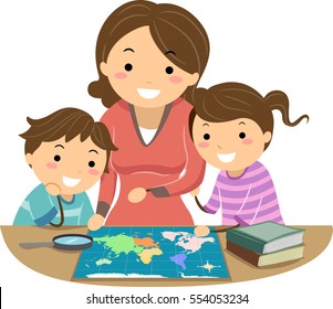 Stickman Illustration of a Mother Teaching Her Daughter and Son How to Use a Map