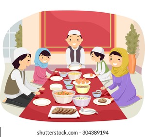 Stickman Illustration Of A Muslim Family Eating Together