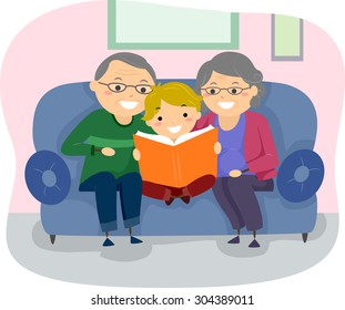 Stickman Illustration of a Pair of Grandparents Reading a Book to Their Grandson