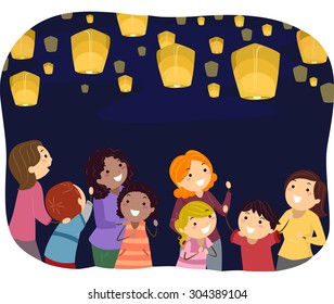 Stickman Illustration of Parents Watching Floating Lanterns with Their Kids