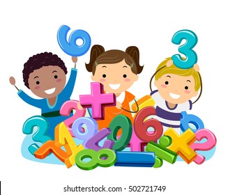 Stickman Illustration of Preschool Kids Playing in a Pit Filled with Numbers and Mathematical Symbols