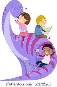 Stickman Illustration of Preschool Kids Playing with a Giant Purple Dinosaur