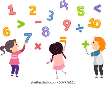 Stickman Illustration of Preschool Kids Playing with Numbers and Mathematical Symbols