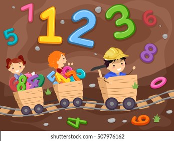 Stickman Illustration of Preschool Kids Riding Wooden Trams in an Underground Mine Surrounded by Numbers