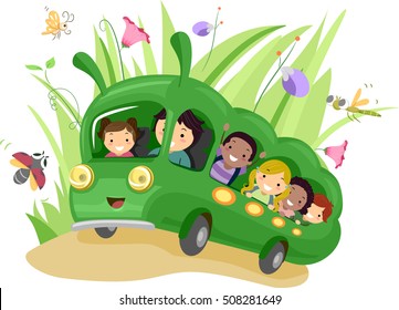 Stickman Illustration of Preschool Kids Riding a Green School Bus Shaped Like a Giant Bug