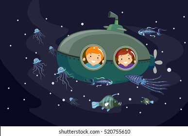 Stickman Illustration Of Preschool Kids In A Submersible Seacraft Observing Bioluminescent Marine Animals