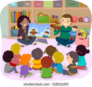 Stickman Illustration Of School Kids Listening To A Story Narrated By Puppets