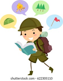 Stickman Ilustração de um jovem escoteiro lendo um guia Livro sobre Acampamento