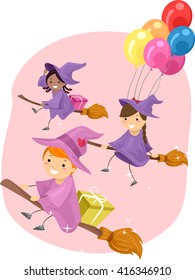 Stickman Illustration of Young Witches Riding Broomsticks