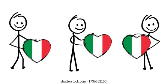 Stickman with Italy flag Slogan i love you italy with Italia flag. Love heart month or happy singles day. Travel hollyday or for romantic, wedding vacantion banner. Fun vector pizza party icon sign