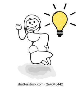 Stickman jumping with light bulb representing great ideas. Concept image for creative business ideas.