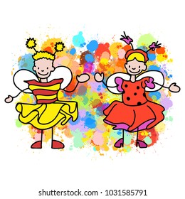 Stickman Kids Bee and Ladybug, Hand-drawn sketches doodles in beautiful outfits and costumes. Happy childhood icons.