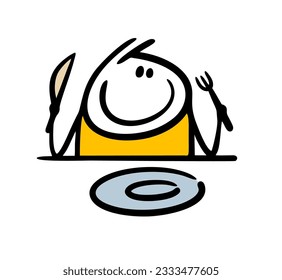 A stickman with a knife and fork is sitting at the table in front of an empty plate and waiting for lunch. Vector illustration of food in a restaurant.  Funny comics person action isolated.