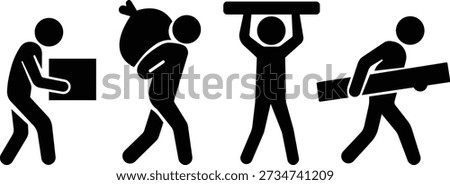 Stickman labor activities set, Manual work silhouette icons, Human carrying actions
