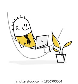 Stickman with laptop at home office, resting hammock. Freelance and distance education concept. Vector illustration.