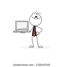 Stickman with laptop vector outline cartoon character illustration.