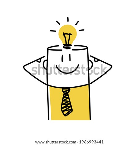 Stickman with light bulb in a head. Idea, brainstorming, dreaming creativity. New idea, brainstorming, solution, creativity. Vector illustration.