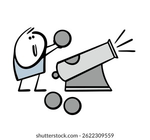 Stickman carga armas antiguas. Ilustración de dibujos animados de Vector, un hombre sosteniendo una bola de cañón, un cañón divertido disparando a los enemigos. Equipamiento militar, batalla, ataque o defensa de la fortaleza.