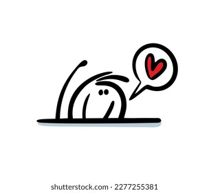 Stickman looks out from below and confesses his love, waves his hand. Vector illustration of a funny character from a comic book and a romantic heart message.