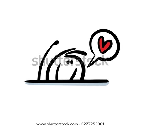 Stickman looks out from below and confesses his love, waves his hand. Vector illustration of a funny character from a comic book and a romantic heart message.