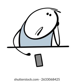 Stickman apaixonado está entediado e fica ao lado de um telefone celular. Ilustração vetorial de um adolescente ou de um jovem à espera de uma ligação da namorada.