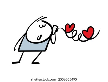 Stickman in love is talking to a girl on the phone. Vector illustration of a funny character, a smartphone and a charging wire. Cartoon line draws the shape of a heart.