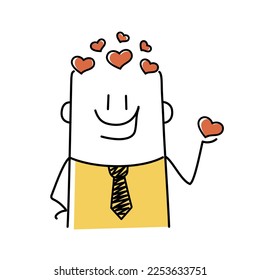 Stickman with love thoughts, holding heart. Social media emoji, like, sympathy, positive emotion vector icon concept. Doodle style. Vector illustration.