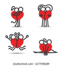 Stickman lovers in red heart shape and 4 poses in love style on Valentine's Day. Vector illustration hand-drawn.