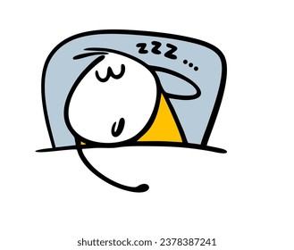 Stickman is lying in bed on a pillow under a blanket and sleeping sweetly. Vector illustration  cartoon man sees a good dream and smiles.  Funny character isolated on white background.