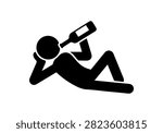 Stickman lying down drinking wine bottle icon. Relaxed drunk person silhouette, alcohol addiction, lazy man consuming liquor concept, black vector illustration isolated on white background.