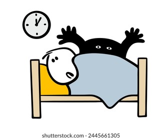 Stickman is lying on the bed under the covers and is afraid. Scary black monster attacks from behind. Vector illustration of stress, anxiety, nightmare. Isolated cartoon man on white background.