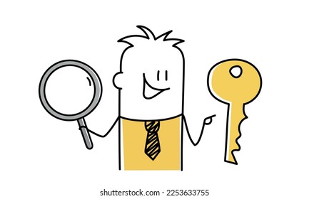 Stickman with magnifier. Unlocking. Stick figure. Doodle style. Vector illustration.