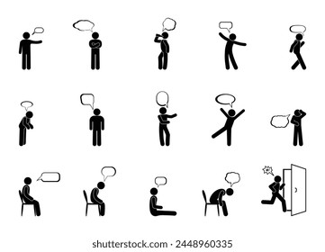 stickman man icon, speaks, bubble for text, dialogue illustration, set of human silhouettes