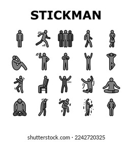 los iconos de silueta de stickman man people set vector. pictograma humano, persona de palo, postura de figura, posición del cuerpo del hombre movimiento de carácter masculino género personas silhouette ilustraciones de la línea de color