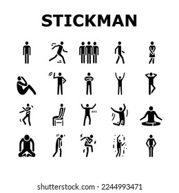 stickman man people silhouette icons set vector. pictogram human, stick person, figure posture, body position male character movement stickman man people silhouette glyph pictogram Illustrations