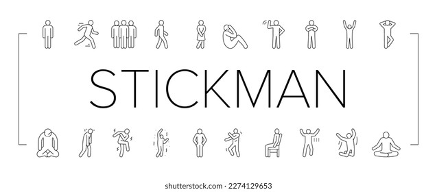 stickman man people silhouette icons set vector. pictogram human, stick person, figure posture, body position male character movement stickman man people silhouette black contour illustrations