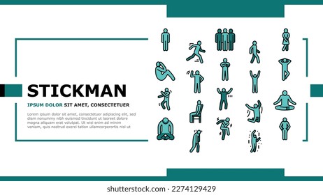 stickman man people silhouette landing web page vector. pictogram human, stick person, figure posture, body position male character movement stickman man people silhouette Illustration