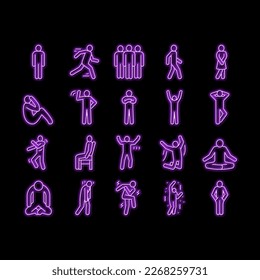 stickman man people silhouette neon light sign vector. pictogram human, stick person, figure posture, body position male character movement stickman man people silhouette Illustrations