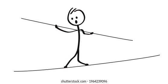 Stickman man runs on a thin wire. Tightrope walker balancing. 
Flat vector silhouette sig. Stick figure man walking on a highliner to home or work.