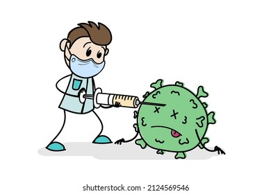 Stickman in medical mask kills virus with big syringe of vaccine or injection. Vaccine for coronavirus or covid-19. Infographic design clipart for vaccine safety awareness. Cartoon style.