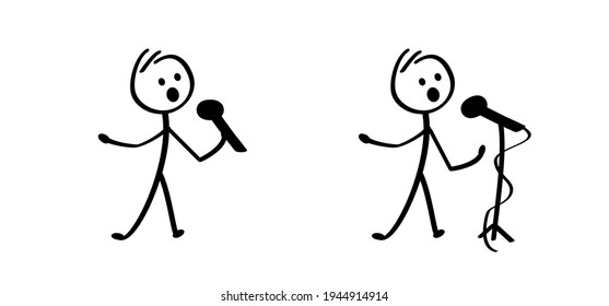 Stickman with microphone, to sing a song. Cartoon stick figures man, Slogan positive motivation. Stand up comedy. Speaker telling story to audience or singing. 