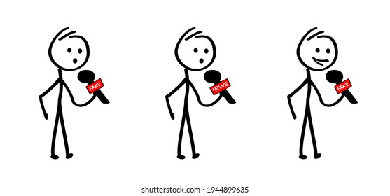 Stickman with microphone, thinking news or fake. Funny comic cartoon stick figures man, Slogan positive motivation. False disinformation. Stand up comedy. Speaker telling story to audience. 