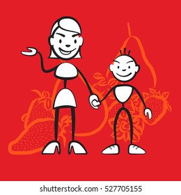 Stickman mother and child symbol Health conscious diet, vector drawing on coloured background, ready for color change